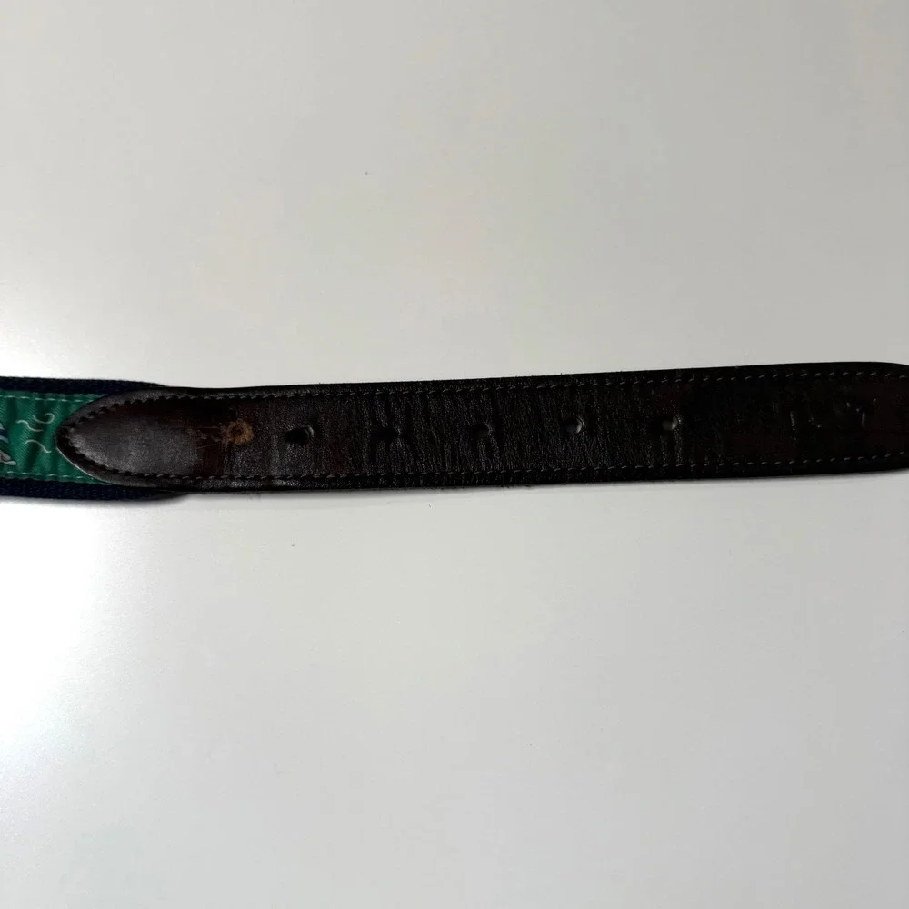 Vineyard Vines Belt Mens 36 Navy Green Sailboat Leather Brass Preppy USA Made